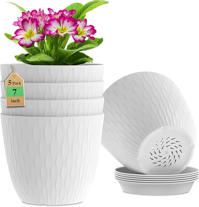 7 inch Plant Pots, 5 Pack Flower Pots with Drainage Holes and Saucers for Indoor Plants, Plastic Planters with Water Ripple for Small Garden House Plants, Nursery Pots for Succulent, White