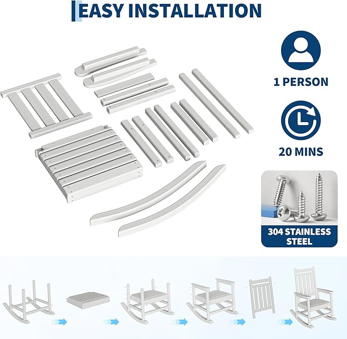 HDPE Rocking Chair Outdoor Set of 4 - Poly High Back Porch Rocker Chairs for Adults - All Weather Resistant Furniture for Patio Front Porch - White