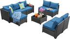 Jing's Villa 9-Piece Patio Furniture Set, All-Weather Outdoor Wicker Sectional Sofa with Cushions, Tempered Glass Table & Ottoman, Rattan Conversation Seating for Porch, Garden, Backyard,Peacock Blue