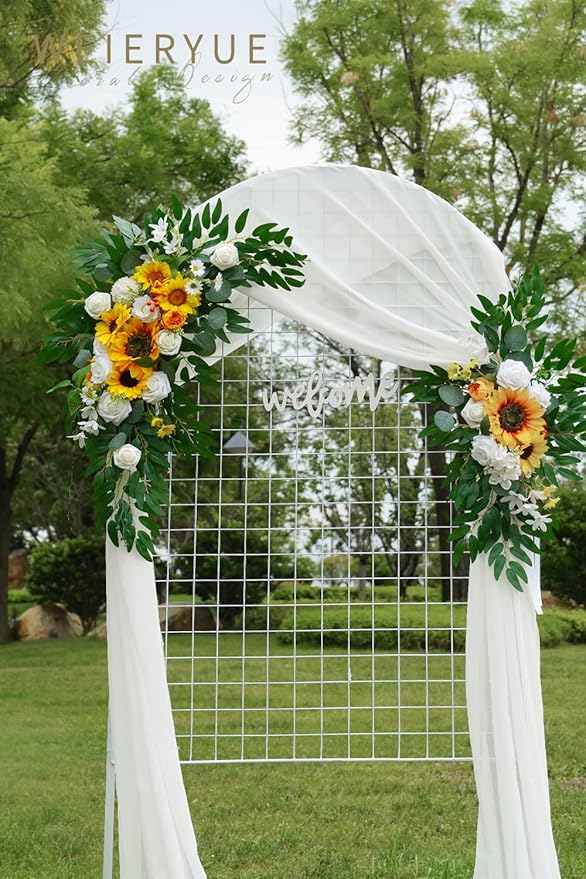 Artificial Flowers Wedding Arch Swag Kit, 3-Piece with White Chiffon Drape