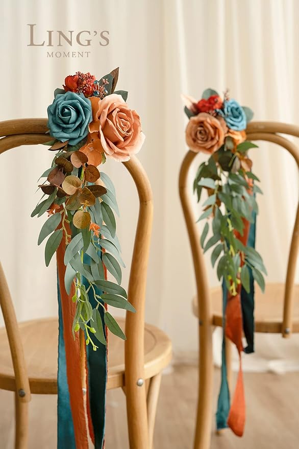 Artificial Aisle Pew Flowers 8 Pcs Dark Teal and Burnt Orange Wedding