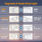 LUTEC 80W Dusk to Dawn Flood Lights Outdoor, 9000LM Super Bright LED Security Light with Photocell, IP65 Waterproof, 5000K Daylight, Hardwired 4 Heads Floodlight for Garage, Yard, Patio (White)