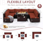 NICESOUL 9 Pcs Large Patio Furniture Set with Fire Pit Propane/Natural Gas, 29.3'' High Back Wicker Outdoor Sectional for 8 People, Modular Deep Sofa Conversation Sets, Brown Rattan and Red Cushion