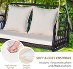 Tangkula Outdoor Wicker Porch Swing, 2-Person Hanging Seat with Seat & Back Cushions, Heavy-Duty Metal Frame & 2 Sturdy Hanging Ropes, Wicker Woven Swing Loveseat for Front Porch, Backyard (Off White)
