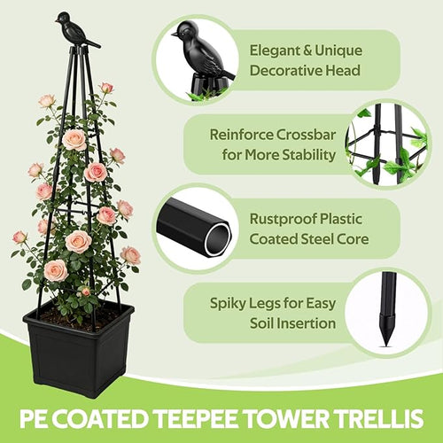 2 Pack Garden Trellis for Climbing Plants Outdoor - Rustproof Plastic Coated Steel Core Tower Obelisk Trellis - Metal Teepee Trellis Vertical Plant Support for Vines Vegetables Flowers Indoor