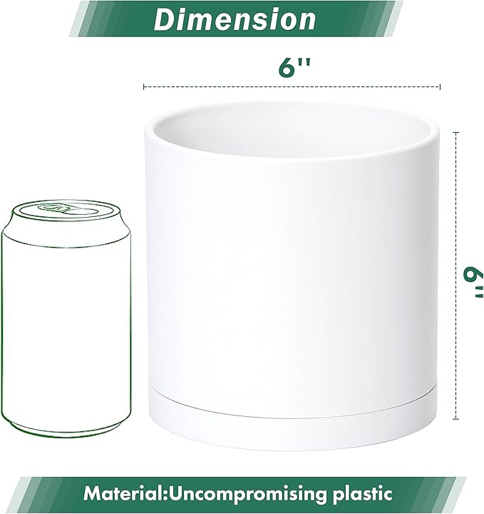 Planters 6 Inch Matte White Plastic Pots with Saucers, Set of 2