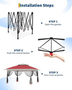 Canopy Tent 13x13 ft, Pop Up Gazebo One-Push Setup with 4 SandBags for Backyard Parties and BBQs, Mosquito Netting & Height Adjustable - Red