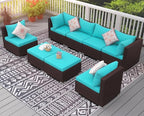 NICESOUL 8 Piece Outside Furniture Set, 29.3'' High Back Deep Seating Wicker Patio Modular Sectionals, Oversized Modern Comfy Conversation Sets for Backyard, Brown Rattan and Teal Cushion