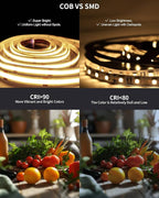 80FT/24m COB LED Strip Light (2 Rolls of 40ft) Warm White Dimmable 3000K High Lumen CRI 90+ with 24V6A Power Adapter RF Remote LED Lights for Bedroom Counter Under Cabinet Kitchen Projects