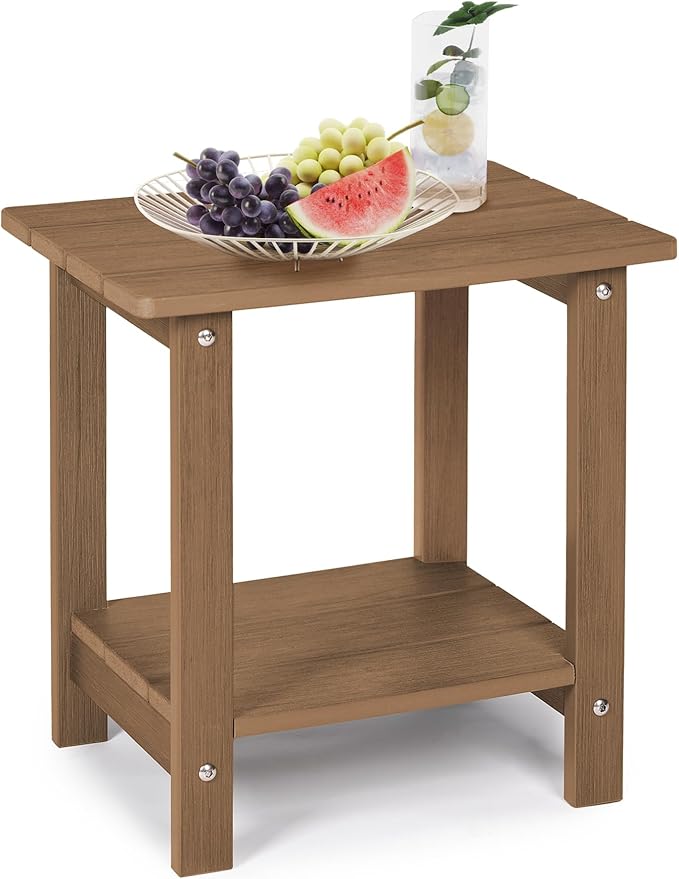 LUE BONA Adirondack Outdoor Side Table, 2-Tier Brown-Oil HDPS Patio End Table Weather Resistant, Morden Side Table for Patio, Pool, Porch