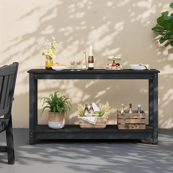 Stoog Outdoor Console Table, All-Weather 2-Tier Patio Console Table with Adjustable Feet, Low Maintenance, for Backyard, Garden, Entryway, and Deck, Black