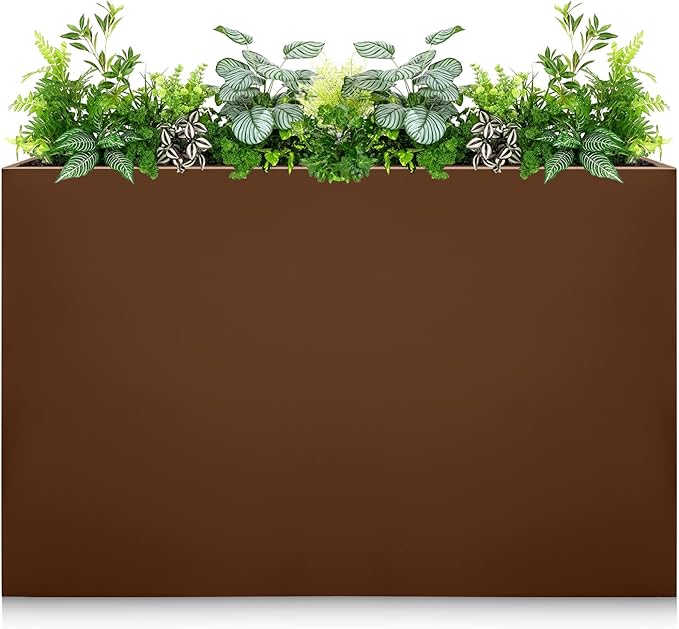Galvanized Steel Planter Box-No Installation Required Metal Rectangular Block Long Box Planter Modern Outdoor Planters All-Weather Use with Drainage Holes for Patio/Porch, 36×24×12IN（Brown）