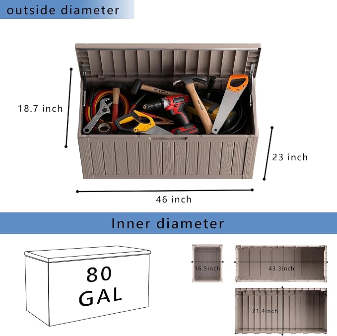Deck Box with 80 Gallon Capacity, UV-Resistant Resin Storage
