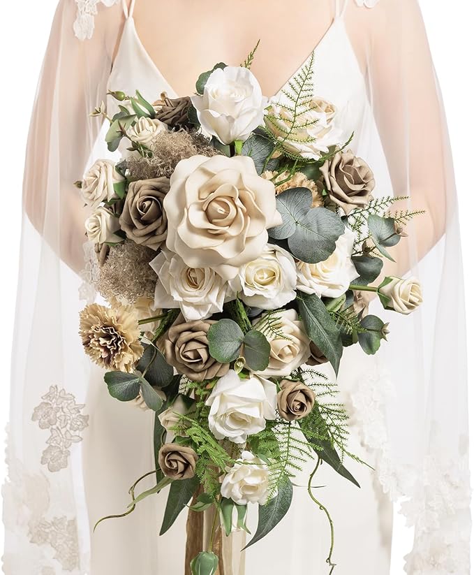 Artificial Cascade Bridal Bouquet in Brown and Beige, 13 x 20 Inches