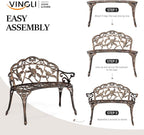 VINGLI 38.5" Patio Park Garden Outdoor Metal Rose Bench, 2-Person Cast Iron Cast Aluminium Frame Antique Finish Chair,Accented Lawn Front Porch Path Yard Decor Deck Furniture (Bronze, Rose)