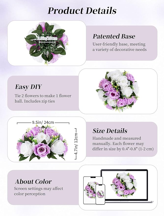 Artificial Flower Balls in Lilac and White Silk Roses for Centerpieces