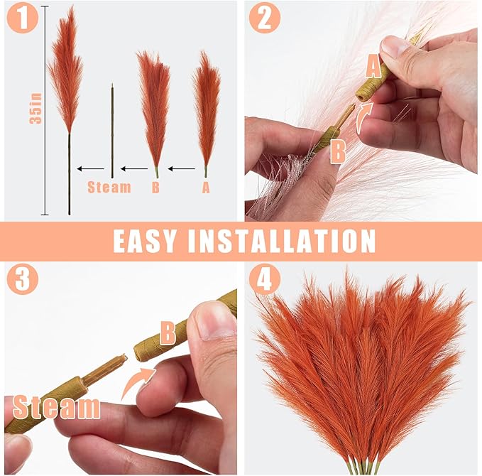 Faux Pampas Grass Stems 8 Pack, 35 Inch Burnt Orange Silk Greenery