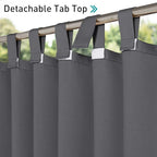 NICETOWN 2 Pieces Extra Wide 84" Outdoor Curtainss for Patio Waterproof, Detachable Hook & Loop Self-Sticky Tab Top Blackout Outdoor Blinds Drapes Heavy Weight for Cabana/Terrace, 84" Long, Grey