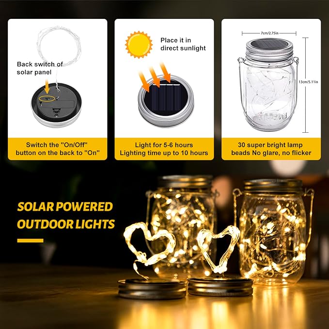 Solar Lanterns, 8 Pack Mason Jar Lights with Warm White LEDs