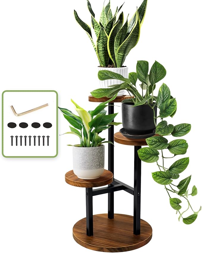 AUGOSTA 3 Tier Plant Stand, Tall Metal Wood Shelf Holder for Indoor, Outdoor Display Rack Flower Pot Stand for Corner Living Room Balcony Garden Patio