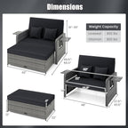 HAPPYGRILL Patio Rattan Wicker Daybed with Loveseat & Storage Ottoman, Outdoor Lounge Sofa Furniture Set with Adjustable Backrest & Side Trays, for Poolside Deck Porch Lawn (Mix Grey & Black)