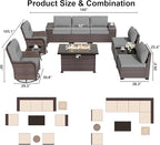 ALAULM 10 Pieces Outdoor Patio Furniture Set with 2 Swivel Chairs Outdoor Furniture Patio Sectional Sofas with 55000 Gas Fire Pit Patio Conversation Set w/7 Cushions-Grey