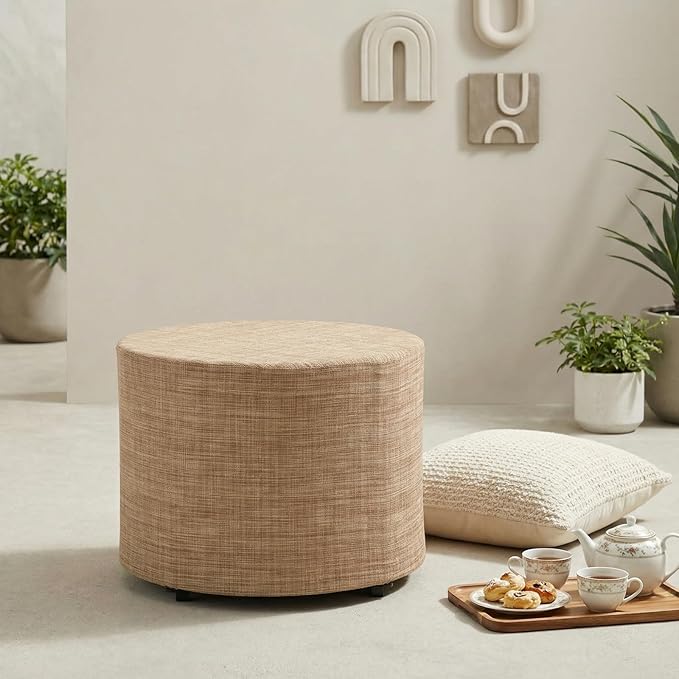 ONBRILL Outdoor Round Ottoman, All Weather Outdoor Footstool with Supportive Textliene, Patio Footrest with Sturdy Metal Frame, Multipurpose Outdoor Furniture for Patio, Balcony, Pool, Indoor, Beige