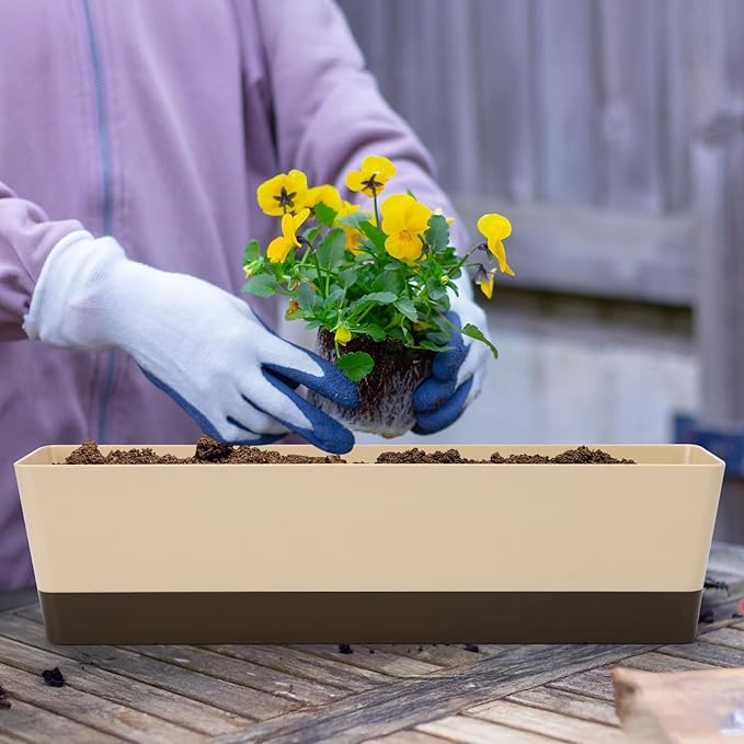 GREANER Indoor Windowsill Planter Boxes, 6 Pack 16 x3.8 Inch Rectangle Succulent Cactus Window Box with Tray, Modern Plastic Plant Pots for Porch, Patio, Garden Balcony, Home Office Outdoor Decoration