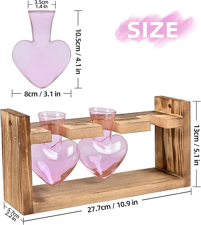 Terrarium Set, Pink Heart Glass Vases with Wood Stand (3 Pieces)
