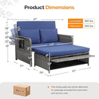 VINGLI Patio Daybed, Wicker Outdoor Daybed with Storage Ottoman & 5-Level Adjustable Backrest, All-Weather Rattan Cushioned Patio Loveseat Sofa for Garden Balcony Backyard (Navy, Gray)