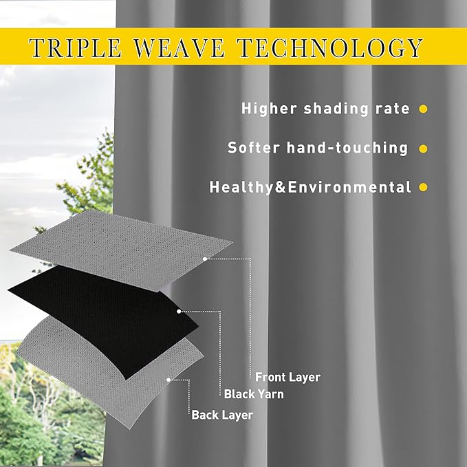NICETOWN 2 Panels Waterproof Outdoor Curtains Fixed Grommet & Back Tab on Top & Bottom, Thermal Insulated Keep Rain & Sun Out Blackout Windproof Outdoor Draperies with Rope, W52 x L72, Silver Grey