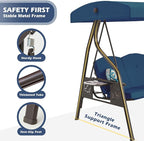 3-Seat Outdoor Porch Swing with Stand, Patio Swing with Canopy, 2 in 1 Porch Swing Bed & Patio Swing Chair for Adult w/Extra Pillows and Cup Holder for Yard (Blue)