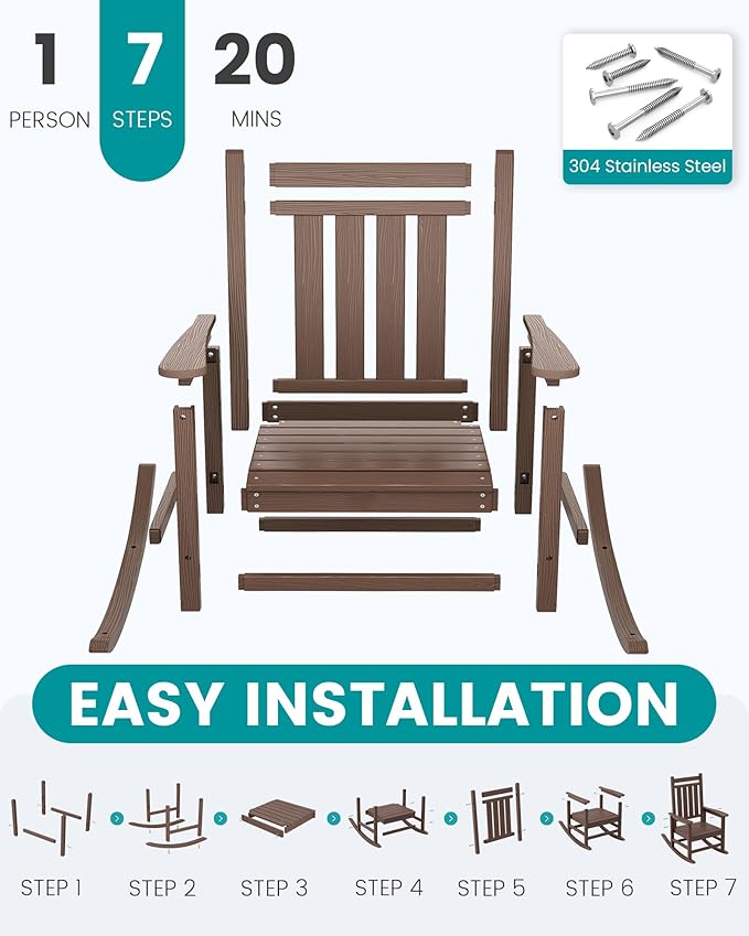 SERWALL HDPE Outdoor Rocking Chair Set of 6, Patio Rocking Chairs for Adults, All Weather Outdoor Rockers for Lawn, Brown