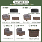 Aoxun 15 Piece Patio Furniture Set with 44” Fire Pit Table Wicker Rattan Outdoor Sectional Sofa Set with Coffee Table and Thickened Cushions, Grey (Waterproof Cover Included)