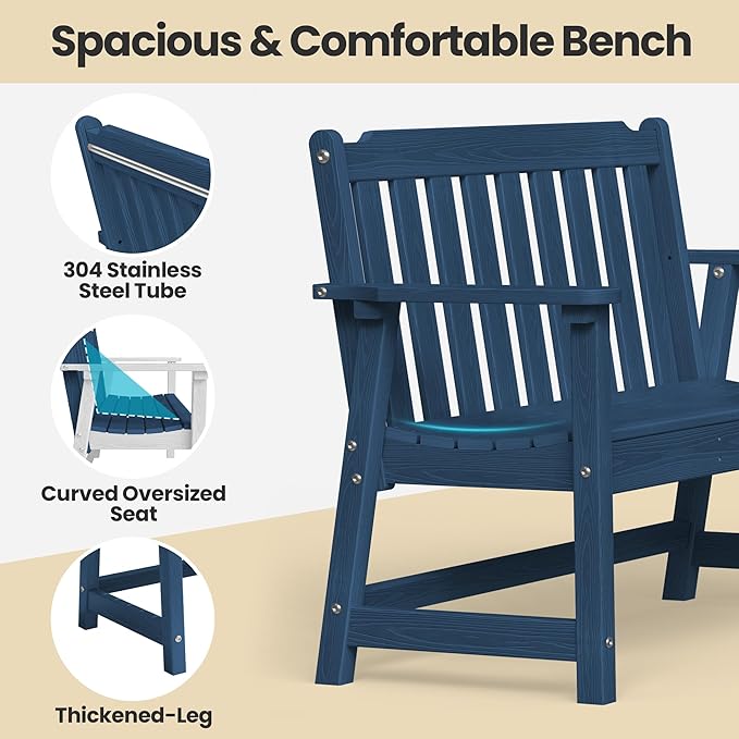 Ciokea 49" Heavy Duty Outdoor Bench, HDPE Weatherproof Porch Benches, Durable 2-Person Garden Benches with 660 Lbs, Waterproof Patio Bench for Outside Balcony Deck Backyard, Navy Blue