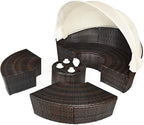 Tangkula Patio Round Daybed with Retractable Canopy, Outdoor Wicker Rattan Furniture Sets, Sectional Cushioned Sofa Set w/Height Adjustable Coffee Table, Rattan Conversation Sets (Beige)