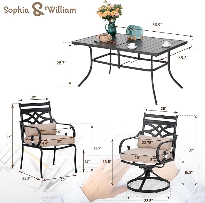 Sophia and William Outdoor Patio Dining Set for 6, Outdoor Table and Chairs, Removable Seat Cushions, 4 Fixed，2 Swivel Chairs, 59" Black Patio Dining Table