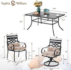 Sophia and William Outdoor Patio Dining Set for 6, Outdoor Table and Chairs, Removable Seat Cushions, 4 Fixed，2 Swivel Chairs, 59" Black Patio Dining Table