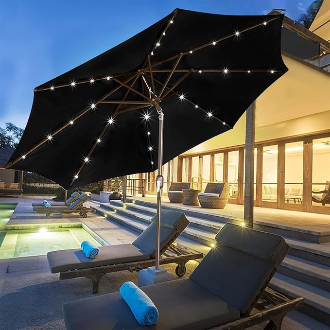 Blissun 9 ft Solar Umbrella, 32 LED Lighted Patio Umbrella, Table Market Umbrella, Outdoor Umbrella for Garden, Deck, Backyard, Pool and Beach (Black)