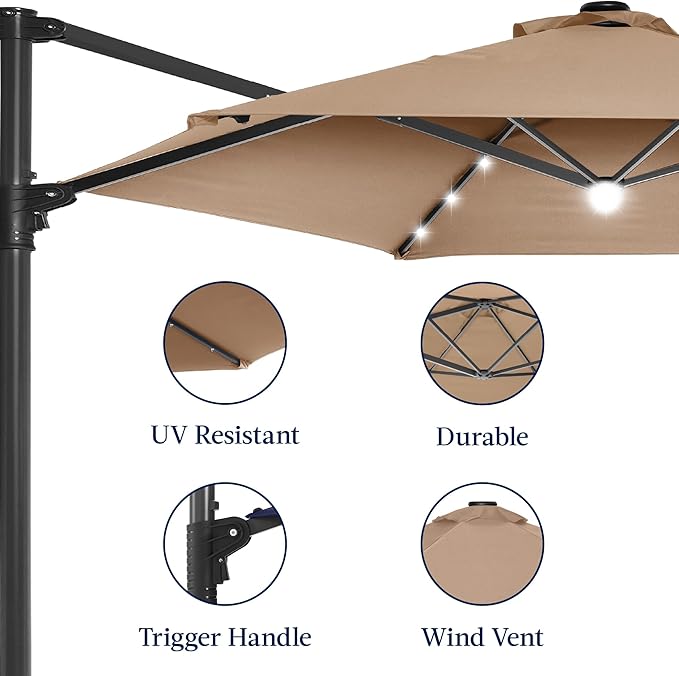 Best Choice Products 10ft Solar LED Offset Cantilever Hanging Market Patio Umbrella, Smooth 360° Rotation, 8 Sturdy Ribs, Easy Adjustment - Tan