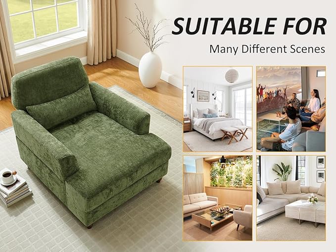Chaise Lounge Chair Indoor with Adjustable Backrest, Upholstered Mid-Century Reading Chair, Oversized Accent Armchair for Living Room & Bedroom, Comfy Single Sofa Chair, Modern Living Room Chair