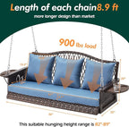 Upgraded Wicker Hanging Porch Swing Heavy Duty 900 LBS 3-Seat Outdoor Patio Swing Chair Bench for Adult w/ 8.9ft Hanging Chains Cushions and Cup Holder