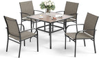 5 Piece Patio Dining Set for 4, 37”x37” Square Table (PVC Wood-Like Table Top) with 1.57" Umbrella Hole, 4 Metal Brown Chairs, Outdoor Table and Chairs Set for Lawn Backyard and Deck