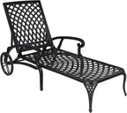 VINGLI Cast Aluminum Outdoor Chaise Lounge Chair with Wheels, Patio Chaise Lounge with 3-Position Adjustable Backrest, Tanning Chair Reclining Chair for Poolside (Black, Without Cushion)