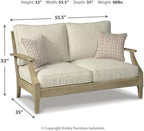 Signature Design by Ashley Clare View Coastal Outdoor Loveseat, Cushioned with Nuvella Fabric, Protective Finish, Eucalyptus Wood, 55.5" W x 35" D x 32" H, Beige