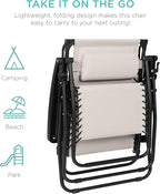 Best Choice Products 30” Wide Folding Zero Gravity Outdoor Recliner Patio Lounge Chair w/Adjustable Canopy Shade, Headrest, Side Accessory Tray - Ivory