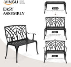 VINGLI 38" Outdoor Metal Bench, Cast Aluminium Garden Bench, Weatherproof Antique Finish Orchid Chair, 1-2 Person Seat Deck Furniture for Porch Entryway Patio (Black)