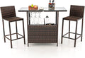 Tangkula Outdoor Bar Set, 3 Pieces Patio Wicker Bar Height Table and Chair Set with 3 Rows Stemware Racks, Hidden Storage Shelf, Tempered Glass Tabletop, 2 Stools for Backyard, Poolside (Mix Brown)