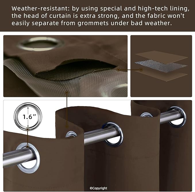 Outdoor Indoor Curtains for Patio Weather-resistant Window Panels Privacy Protect Grommet Top Thermal Insulated Home Curtain for Porch Pergola Garden Hot Tub Area (W84 x L108, Brown, 2 Panels)