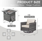 Belord 5 Pieces Wicker Patio Furniture Set: 4 Outdoor Swivel Glider Rocker Patio Conversation Set with 50000BTU Propane Fire Pit Table, All Weather Grey Rattan Anti-Rust Frame, Beige Cushion